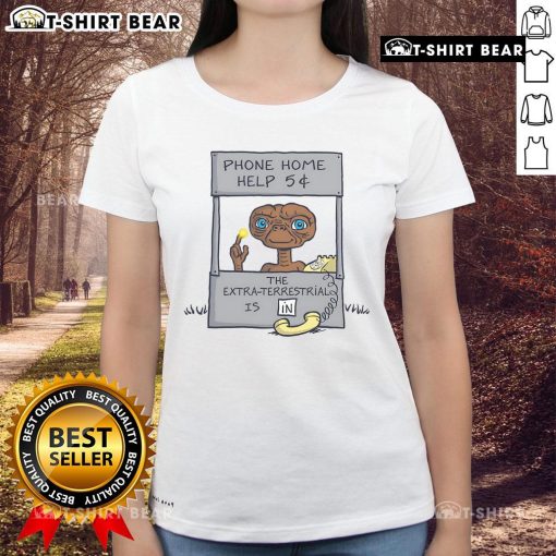 Cartoon parody of E.T. at a help booth offering alien assistance for 5 cents on a funny ladies' tee shirt design.
