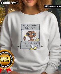 Funny E.T. Phone Home help booth parody cartoon on a sweatshirt, featuring an alien offering help for 5 cents.