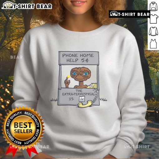 Funny E.T. Phone Home help booth parody cartoon on a sweatshirt, featuring an alien offering help for 5 cents.
