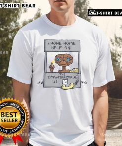 Alt Text: Funny E.T. Phone Home help booth parody cartoon T-shirt design featuring an alien offering help for 5 cents.