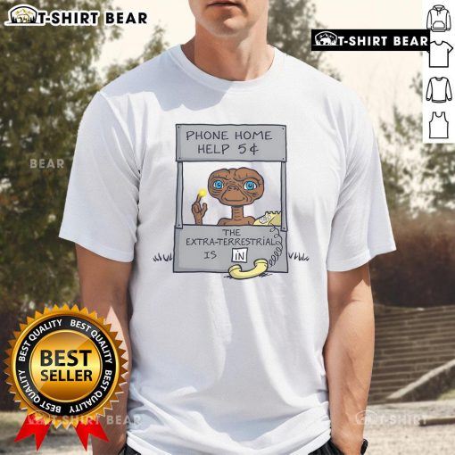 Alt Text: Funny E.T. Phone Home help booth parody cartoon T-shirt design featuring an alien offering help for 5 cents.