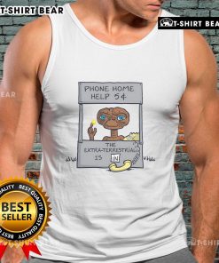 Funny E.T. Phone Home help booth parody cartoon on a tank top, featuring an alien offering help for 5 cents.