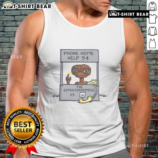 Funny E.T. Phone Home help booth parody cartoon on a tank top, featuring an alien offering help for 5 cents.