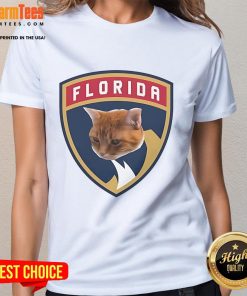 Funny Florida Panthers cat logo on a ladies tee, perfect for fans who love humor and hockey.