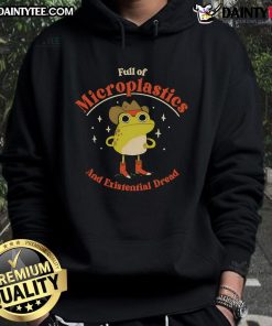 Funny frog hoodie design featuring a cartoon frog full of microplastics, symbolizing existential dread and environmental issues.
