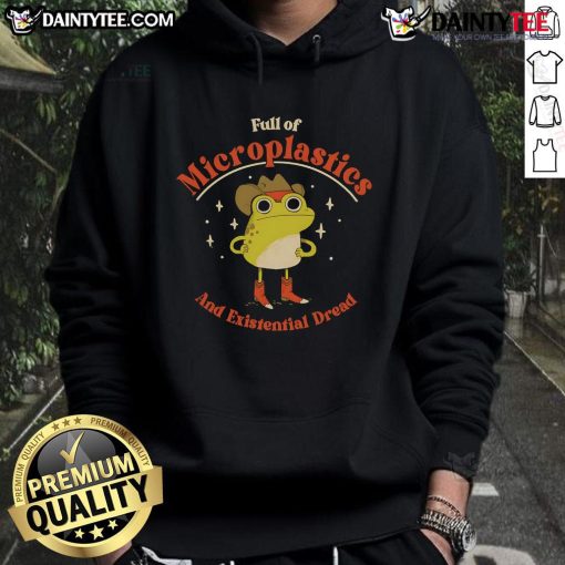 Funny frog hoodie design featuring a cartoon frog full of microplastics, symbolizing existential dread and environmental issues.