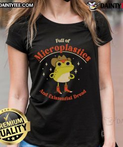 Funny frog shirt depicting a frog full of microplastics and existential dread, perfect for eco-conscious fashion lovers.
