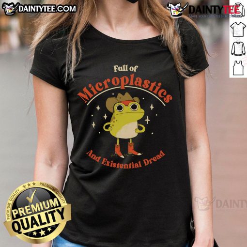 Funny frog shirt depicting a frog full of microplastics and existential dread, perfect for eco-conscious fashion lovers.