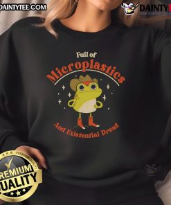Funny frog sweatshirt design featuring a whimsical frog surrounded by microplastics and existential dread themes.