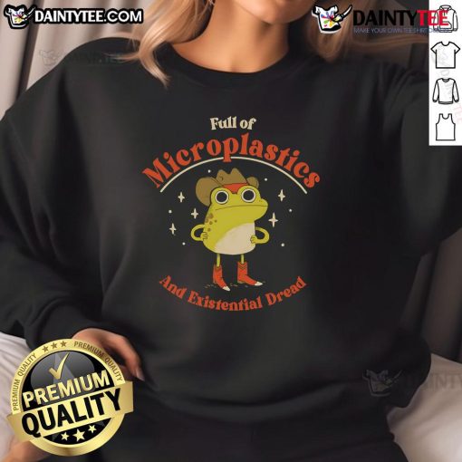 Funny frog sweatshirt design featuring a whimsical frog surrounded by microplastics and existential dread themes.