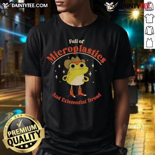 Funny frog t-shirt design depicting a frog filled with microplastics, expressing existential dread and environmental concerns.