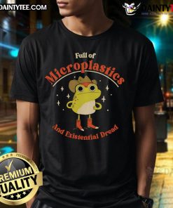 Funny frog t-shirt design depicting a frog filled with microplastics, expressing existential dread and environmental concerns.