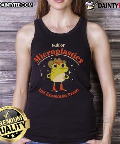 Funny frog tank top design featuring a frog filled with microplastics and existential dread for eco-conscious fashion lovers.