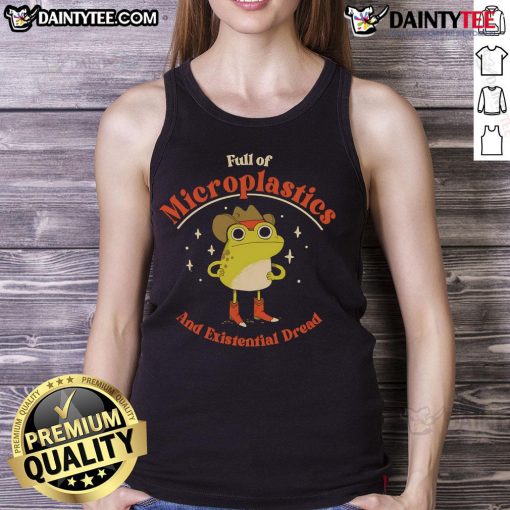 Funny frog tank top design featuring a frog filled with microplastics and existential dread for eco-conscious fashion lovers.