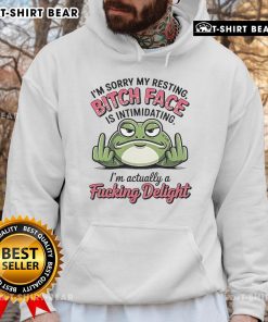 Funny frog hoodie with 'My Resting Bitch Face is Intimidating' design, perfect for humor and comfort lovers.