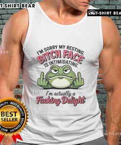 Funny frog graphic on a tank top with the phrase I'm Sorry My Resting Bitch Face Is Intimidating, perfect for casual wear.