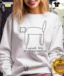 Funny 'Fueled By Microplastics' cat sweatshirt featuring a playful cat graphic, perfect for eco-conscious pet lovers.