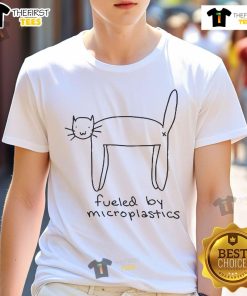 Funny 'Fueled By Microplastics' cat t-shirt featuring a quirky cat design, perfect for eco-conscious pet lovers.