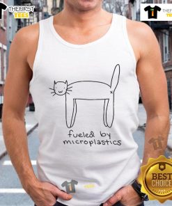 Funny 'Fueled By Microplastics' cat tank top for eco-conscious pet lovers, featuring a playful design and vibrant colors.