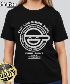 Alt Text: Funny Ghost In The Shell The Laughing Man logo on a stylish ladies tee, perfect for anime fans and fashion lovers.