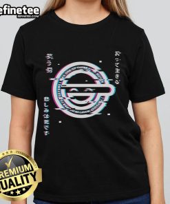 Funny glitch laughing man graphic on Ghost in the Shell logo ladies tee, perfect for anime and humor enthusiasts.