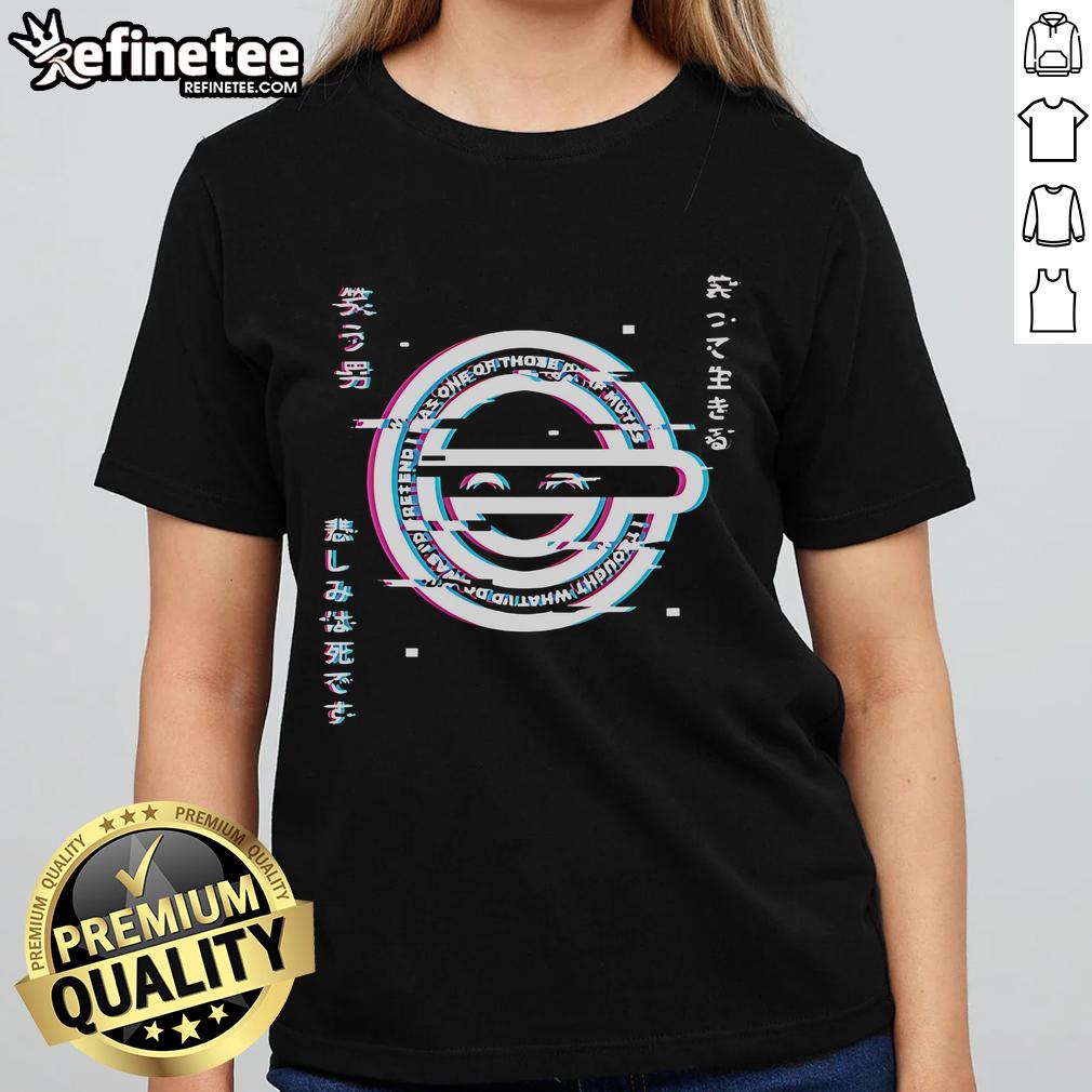 Funny Glitch Laughing Man Ghost In The Shell Logo Ladies Tee Funny glitch laughing man graphic on Ghost in the Shell logo ladies tee, perfect for anime and humor enthusiasts.