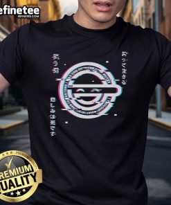Funny Glitch Laughing Man design on a Ghost In The Shell logo T-shirt, perfect for anime and pop culture fans.