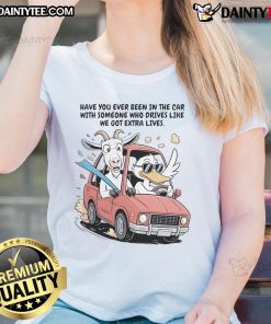 Funny goat and duck riding in a car, showcasing hilarious antics for the 'Extra Life' tee design. Perfect for animal lovers!