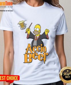 Funny Homer Potter Accio Beer graphic on a ladies tee, blending humor with Harry Potter fandom. Perfect for casual wear!
