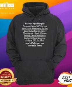 Funny hoodie gift instead of katana sword, showcasing humor in marriage with playful graphic design.