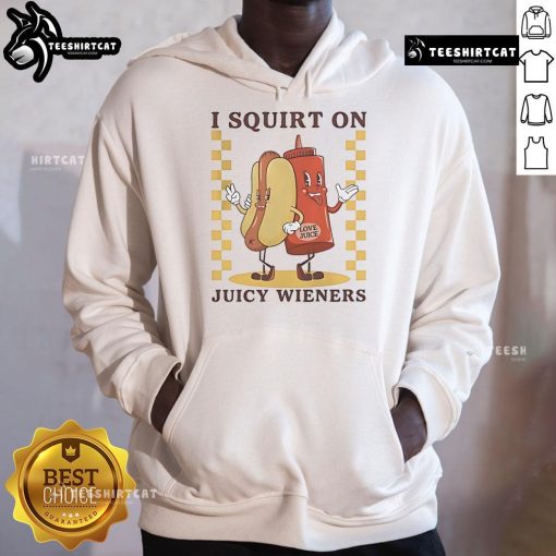 Funny hoodie featuring 'I Squirt On Juicy Wieners' with playful hotdog graphics and vibrant colors, perfect for food lovers.