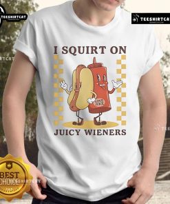 Funny I Squirt On Juicy Wieners Love Juice Hotdog T-Shirt design featuring a playful graphic of a hotdog and vibrant text.