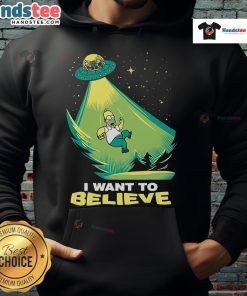 Alt Text: Homer Simpson in a UFO-themed hoodie with 'I Want To Believe' text, perfect for fans of funny apparel and pop culture.