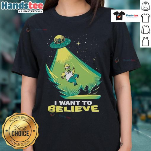 Alt Text: Funny I Want to Believe Homer Simpson UFO Ladies Tee featuring Homer looking at a UFO in a humorous design.