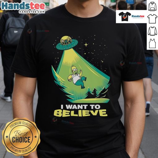 Alt Text: Funny I Want To Believe Homer Simpson UFO T-Shirt featuring iconic cartoon character and playful alien theme.