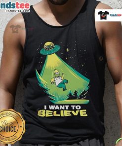 Funny I Want To Believe Homer Simpson UFO Tank Top featuring a humorous design of Homer with a UFO backdrop.