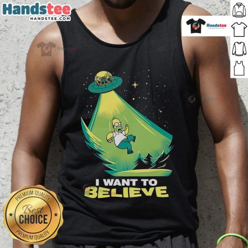 Funny I Want To Believe Homer Simpson UFO Tank Top featuring a humorous design of Homer with a UFO backdrop.