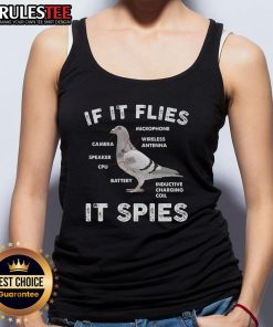 Alt Text: Funny If It Flies It Spies pigeon anatomy tank top design featuring a humorous bird illustration.