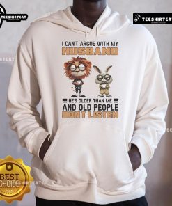 Funny lion and bunny illustration on a hoodie with the phrase about older husbands not listening. Perfect for humor lovers!