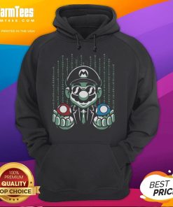 Funny Mario Matrix hoodie featuring blue and red pill mushrooms, perfect for gamers and movie fans.