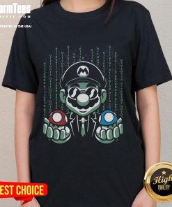 Funny Mario Matrix blue pill and red pill mushroom graphic on a ladies' tee, perfect for gamers and movie fans.