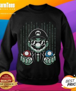 Funny Mario Matrix sweatshirt featuring blue and red pill mushrooms, perfect for gamers and movie fans.