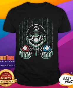 Funny Mario Matrix T-Shirt featuring blue and red pills with a mushroom design, perfect for gamers and fans of the Matrix.