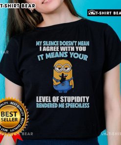 Alt Text: Funny Minion graphic on a ladies tee with the quote about silence and stupidity, perfect for casual wear.