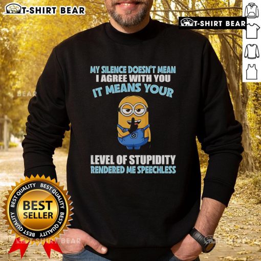 Funny Minion sweatshirt featuring the quote about silence and stupidity, perfect for humor-loving fans.