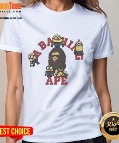 Alt Text: Funny Minions A Bathing Ape ladies tee featuring vibrant graphics of Minions in playful poses on a stylish shirt.