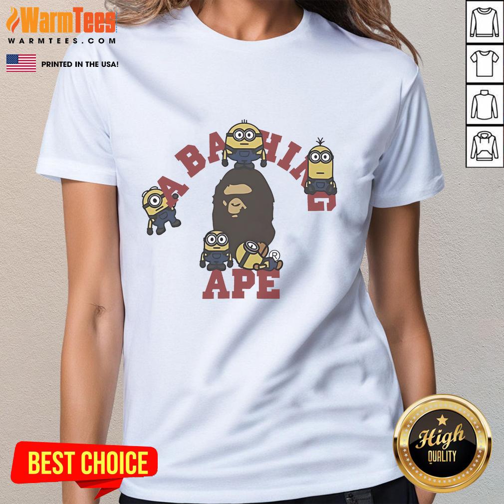 Funny Minions A Bathing Ape Ladies Tee Alt Text: Funny Minions A Bathing Ape ladies tee featuring vibrant graphics of Minions in playful poses on a stylish shirt.