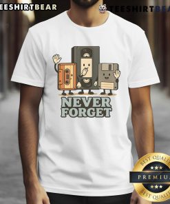 Funny Never Forget 90s Retro Tech Cartoon T-Shirt featuring nostalgic gadgets and vibrant colors, perfect for retro lovers.