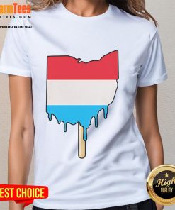 Funny Ohio Popsicle Map Ladies Tee featuring a colorful design of Ohio's favorite popsicles for women.