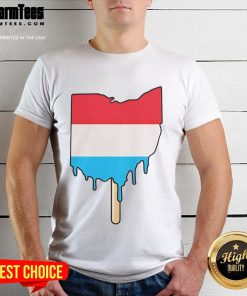 Funny Ohio Popsicle Map T-Shirt featuring a colorful, whimsical design of Ohio's favorite popsicle flavors.